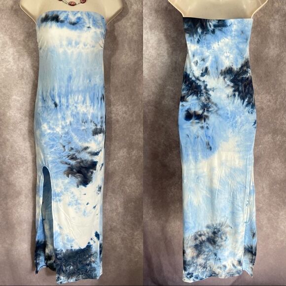 Only 1 Large Left! Blue Tie Dye Strapless Maxi Dress - Picture 2 of 9